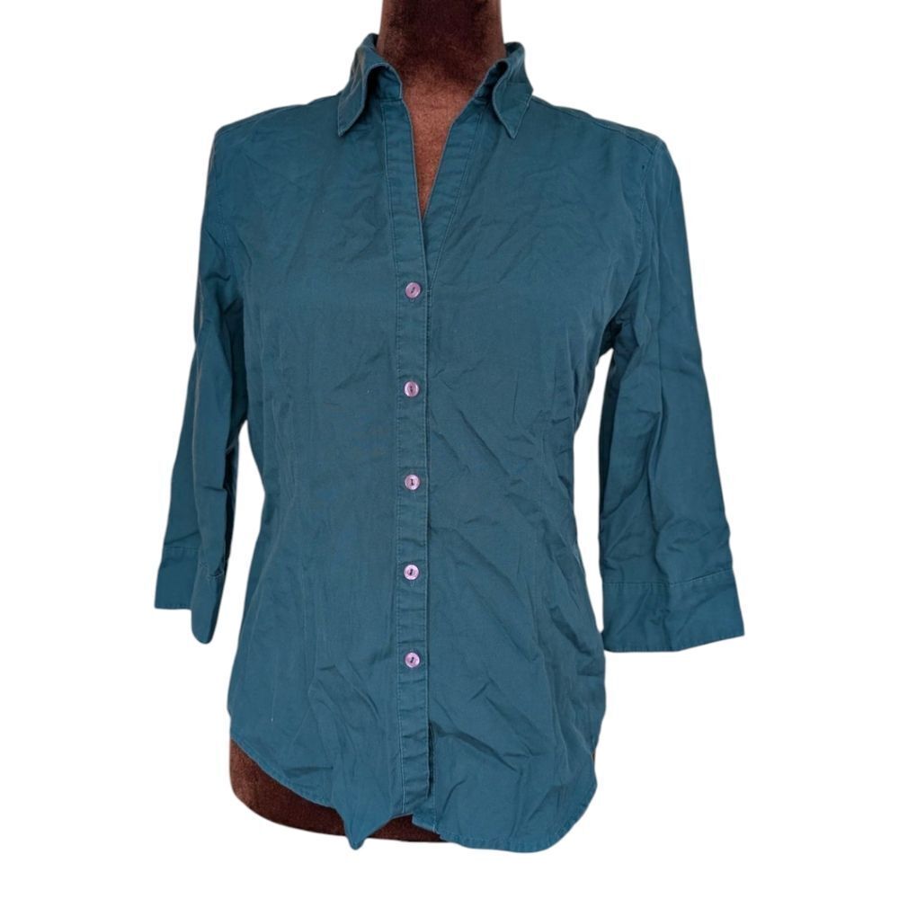 Valerie Stevens Teal VNeck Twill Cotton Shirt Sze M Petite Elbow Length Sleeves
